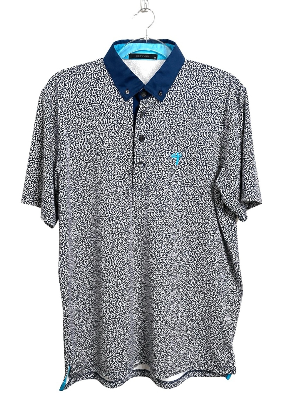 Greyson EUC Blue/White Printed Golf Performance Polo with Navy Collar